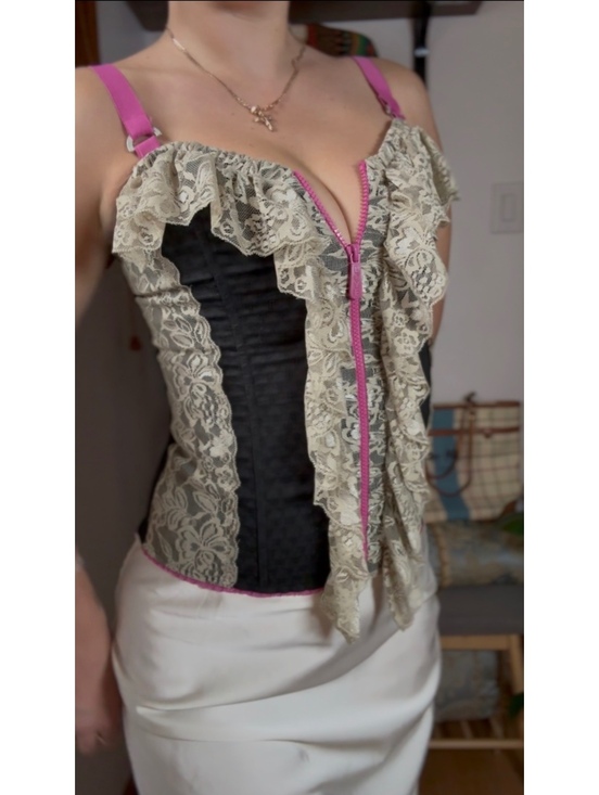 Morgan de Toi Tops - Vintage Morgan De Toi Women's Pink and black & cream lace corset size T36